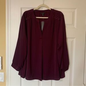 Investments Deep Purple Long‎ Sleeve Rhinestone Studded Blouse